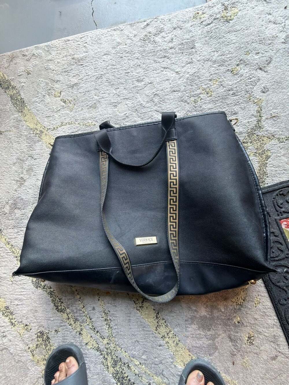 Versace Black Tote Bag with Greek Key Straps